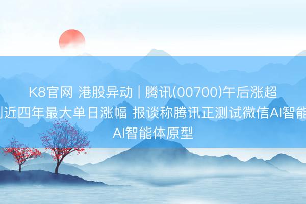 K8官网 港股异动 | 腾讯(00700)午后涨超10% 创近四年最大单日涨幅 报谈称腾讯正测试微信AI智能体原型